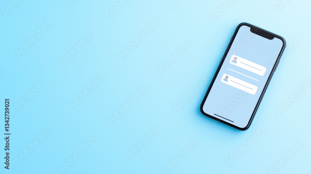 Poster smartphone with chat interface on blue background in minimal style