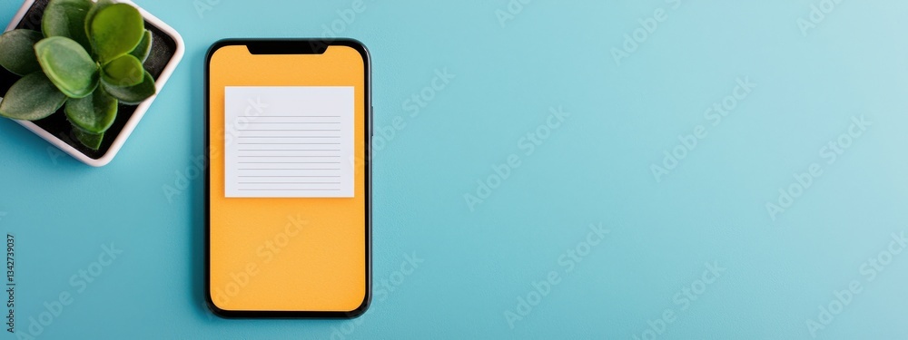 Poster modern smartphone displaying empty note pad on vibrant background