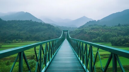 Fototapeta premium Modern steel bridge with minimalist design, contrasting with lush green farmlands and open fields below