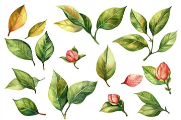 Fototapeta premium Set of watercolor Camellia Leaves hand drawn on a white background