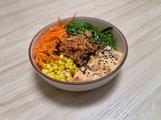 Healthy food. Salmon mayonnaise rice bowl. Dietary food 