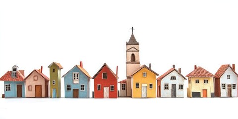 A row of small buildings in a Brazilian town, with one church on top, made from paper models, against an isolated white background, for product photography