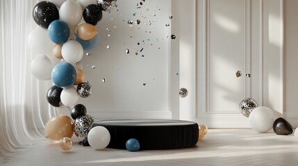 Festive Celebration with Balloons and Confetti Displayed on a Stylish Stage
