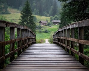 Obraz premium Timber pedestrian bridge nestled between forested hills, leading to a small rural village