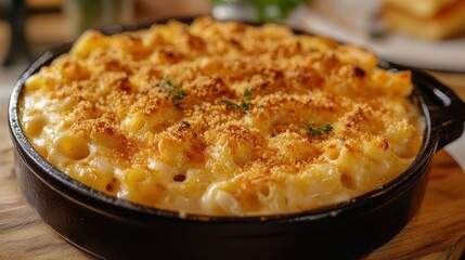 A golden, cheesy masterpiece, where creamy mac and cheese was crowned with a crispy, golden crust of breadcrumbs, a symphony of textures and flavors in every bite.