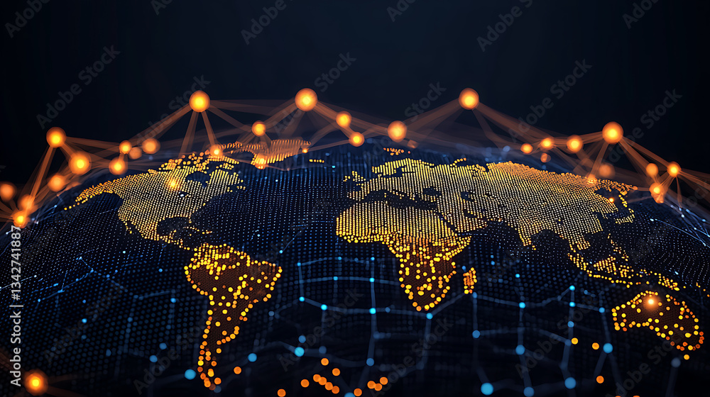Poster global digital network visualization world map infographic dark background aerial view technology co