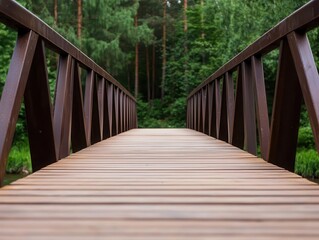 Steel suspension bridge with wooden decking, crossing a wide river in a rural park surrounded by towering trees