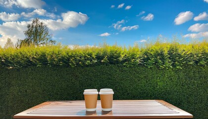 Fototapeta premium グリーンの植物に囲まれた屋外のカフェテーブルにテイクアウト用コーヒーカップが置かれ、青空と白い雲が広がる春の心地よいシーン 