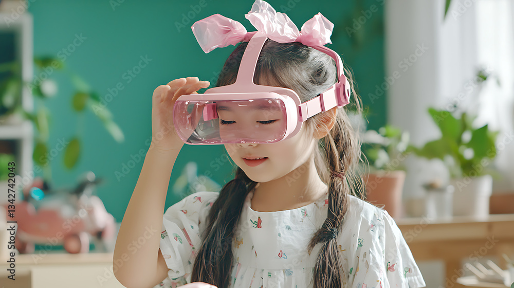 Aufkleber child exploring virtual reality indoor home setting digital interaction bright and playful environme