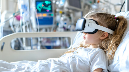 Virtual reality experience for pediatric patients hospital room image medical environment side view healthcare innovation
