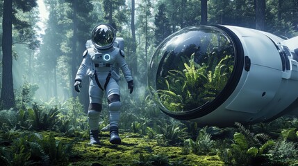 An astronaut explores a lush forest, with a futuristic spacecraft partially visible, showcasing a blend of nature and technology.