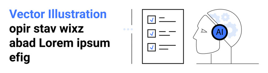 AI-powered head with gears and checklist represents task management, automation, efficiency, and innovation. Ideal for technology, productivity, planning, strategy, workflows simple landing page