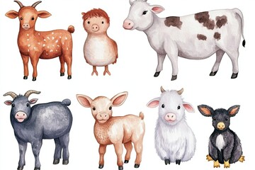 Set of watercolor charming country farm animals hand drawn on white background