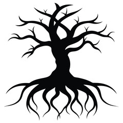 Abstract black tree silhouette with winged roots, a nature vector art design