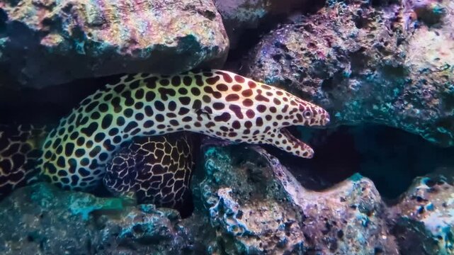 Spotted moray eel emerging from rocks in a coral reef, showcasing its distinct pattern and open mouth.