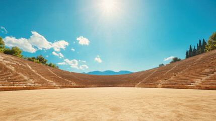 Ancient Greek stadium with stone seating under bright sun, showcasing clear blue sky and distant mountains. serene and historic atmosphere surrounds this iconic site