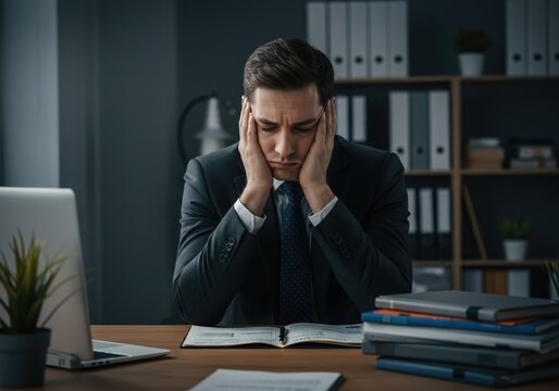 Stressed businessman in office experiencing work pressure, perfect for stress management resources and corporate environments.