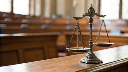 Balanced scale symbolizing justice and fairness on wooden desk, representing impartiality and legal equality in courtroom setting. Concept of law and order.