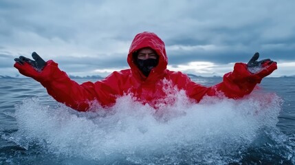 Arctic adventurer in red waterproof suit