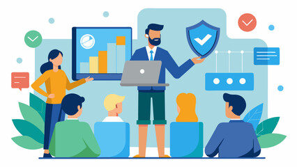 An interactive presentation at a community center discussing the importance of data protection and how to avoid falling victim to cyber scams.. Vector illustration