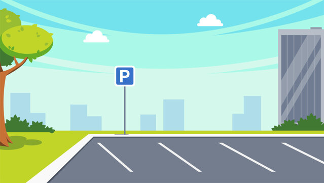 City street parking area, empty car parking spaces on park with road sign, bar signpost, urban infrastructure for automobiles cartoon vector illustration