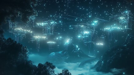 Glowing Structures Above Mountain Peaks with Fog Landscape at Night