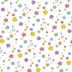 Seamless pattern featuring multicolored hand-drawn stars on a white background. Perfect for kids’ designs, festive themes, gift wrap, party decorations, textiles, and cheerful creative projects