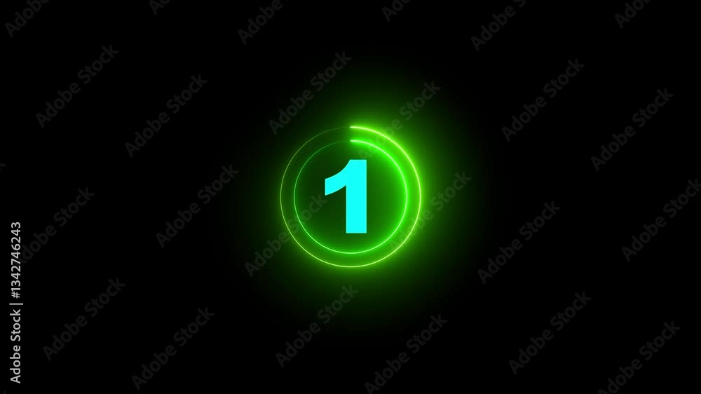 Poster five to zero countdown glow neon animation running animated numbers 5-0 on transparent background.