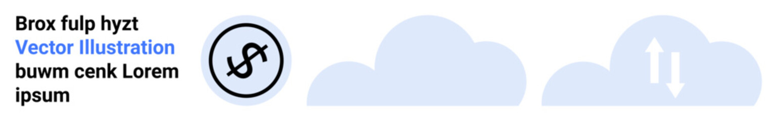 Blue cloud shapes with a bi-directional arrow and a circular dollar graphic for financial cloud storage, data exchange, and online transaction representation. Ideal for tech, finance, savings
