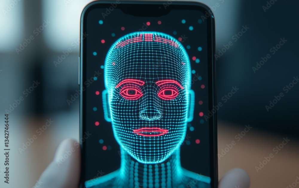Poster a digital representation of a humanoid face displayed on a smartphone, featuring a grid-like structu