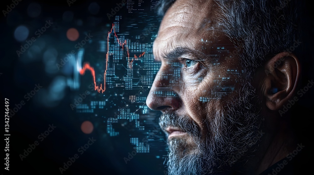 Poster conceptual fintech imagery depicting an abstract human face merging with financial charts symbolizin