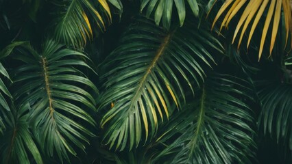Closeup of green palm leaves overlapping, creating depth and texture. Predominantly green with hints of yellow and orange, against dark background.
