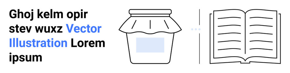 Jam jar with fabric cover next to an open book with placeholder text. Ideal for food, reading, education, minimalism, branding, design concepts, and a simple landing page