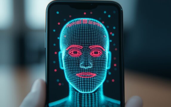 A digital representation of a humanoid face displayed on a smartphone, featuring a grid-like structure and vibrant colors.