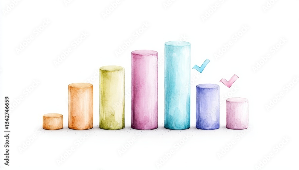 Poster a colorful bar graph illustrating data trends with check marks, representing growth, progress, or an
