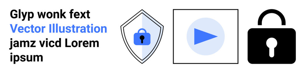 Lock on shield, play button inside circle, black padlock symbol. Ideal for cybersecurity, video security, privacy, protection, authentication, data safety flat landing page banner