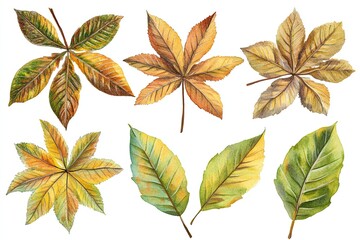 Obraz premium Set of watercolor Chestnut Leaves hand drawn on a white background