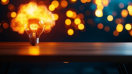 A glowing light bulb emits fiery sparks against a dark background, symbolizing creativity and innovation.