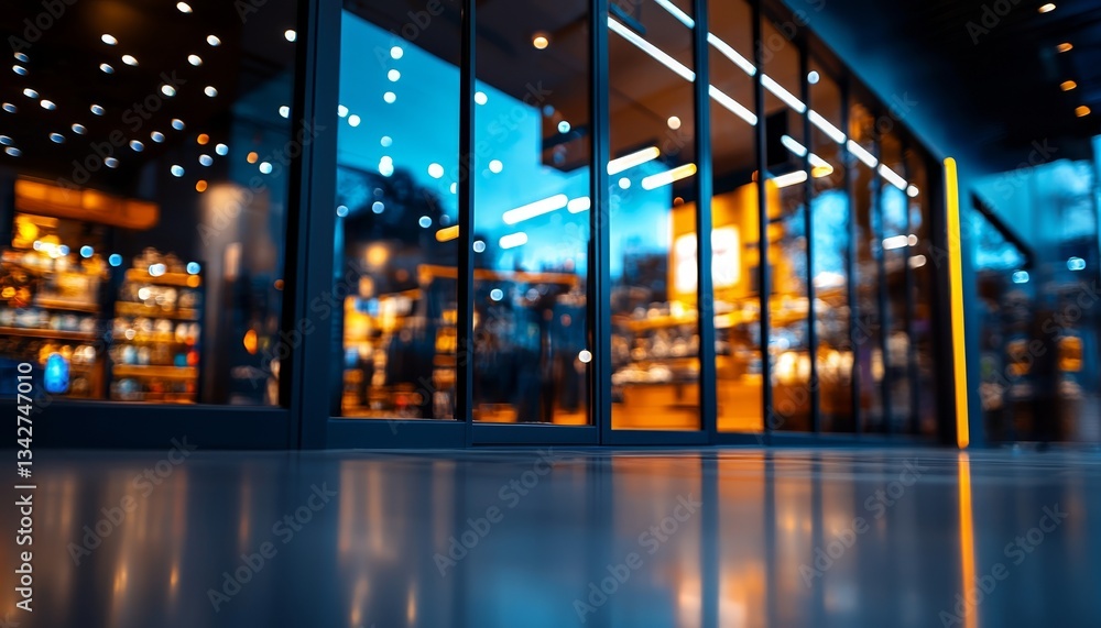 Poster a captivating view of a modern storefront with illuminated displays and reflections, creating an inv