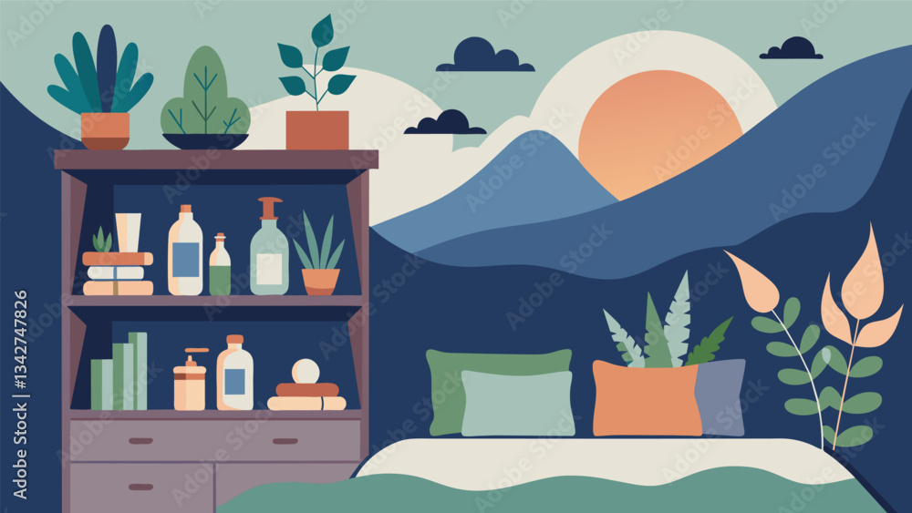 Poster a natureinspired bedroom with a calming color palette and a shelf of essential oils promoting a tran