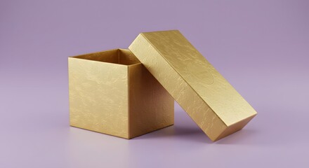 Golden gift box with its lid floating above, anticipation and surprise on a purple backdrop, with generative ai