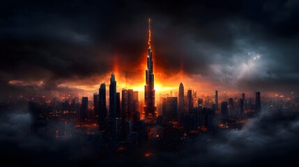 Fototapeta premium Futuristic city skyline with holographic projections of financial data and economic forecasting powered by intelligence technology Depicting a modern digital landscape with skyscrapers