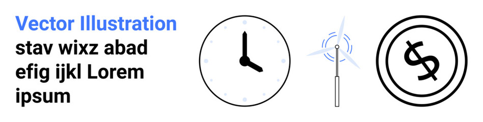 Clock, wind turbine, and dollar sign in minimalist style convey time, sustainability, and economic value. Ideal for time management, green energy, finance, resources environment and innovation