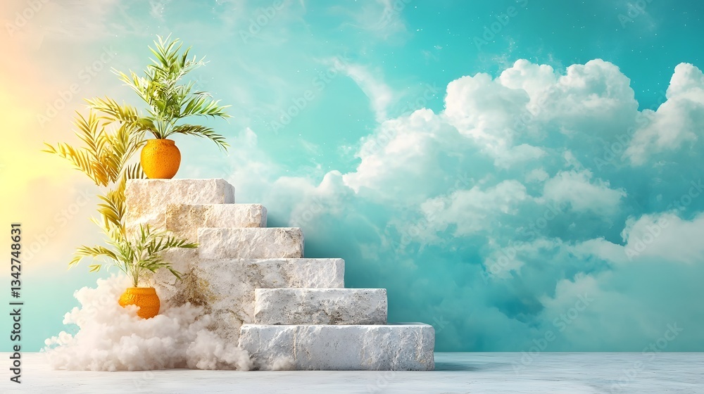 Poster evolving staircase design with different interest rate values on each step illustrating the progress
