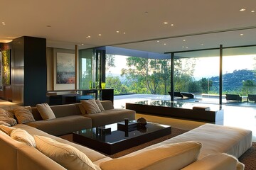 Naklejka premium Stylish modern living room. A spacious sofa and minimalist decor in earthy tones create a warm and inviting living area, perfect for relaxation.