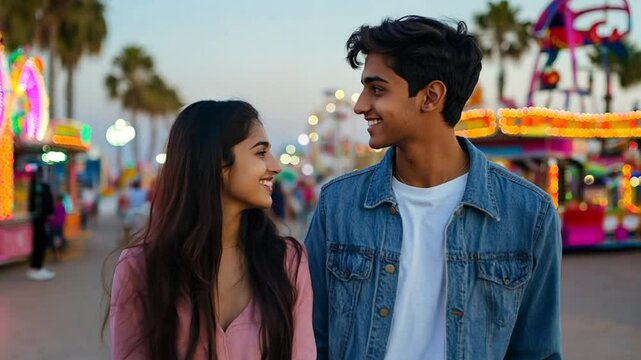 Couple lovers walking in an amusement park