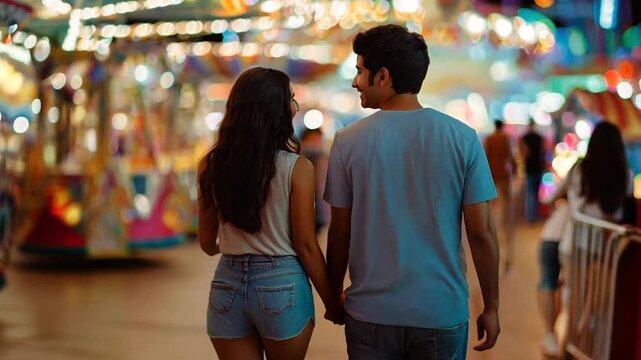 Couple lovers walking in an amusement park