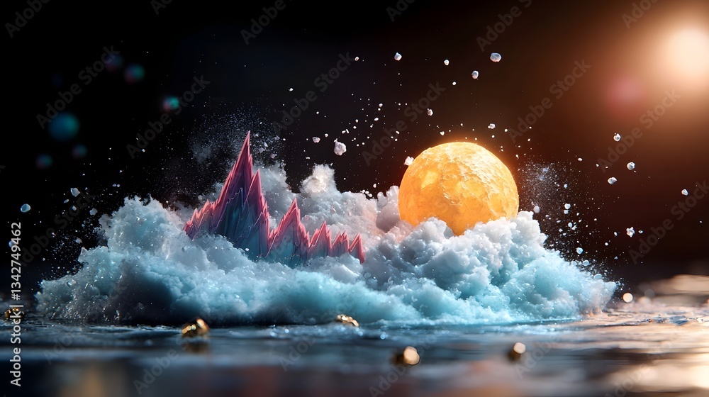 Poster surreal and abstract landscape featuring mountains shaped like interest rate graphs serving as a sym