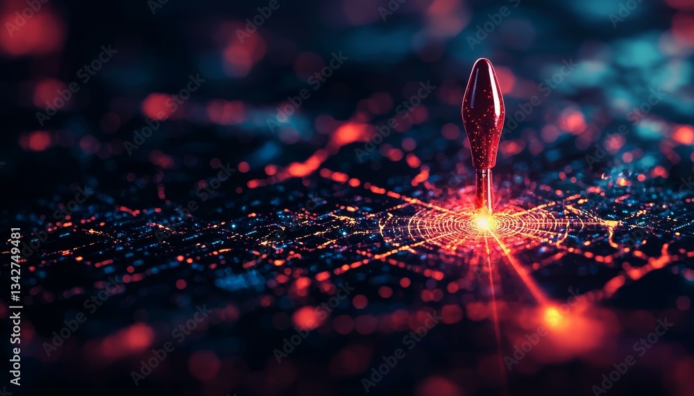 Poster a vibrant digital map featuring a glowing red location pin, symbolizing navigation and connectivity 