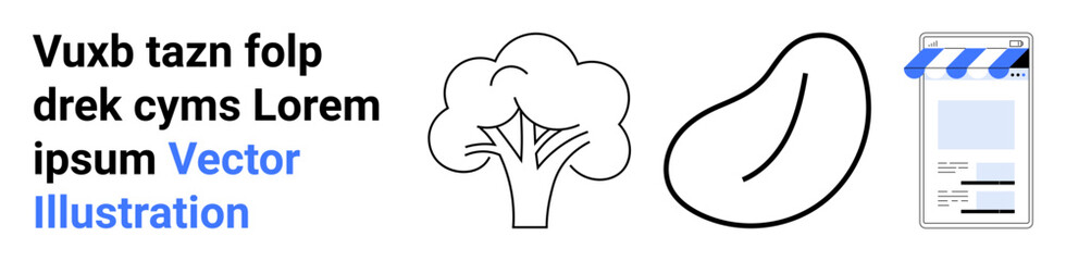 Abstract broccoli and mango outline paired with a storefront screen. Ideal for food, health, e-commerce, organic, diet, shopping, and simple landing page